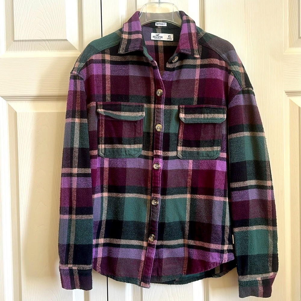 HOLLISTER BOYFRIEND FIT flannel shirt womens XS purple, green, pink